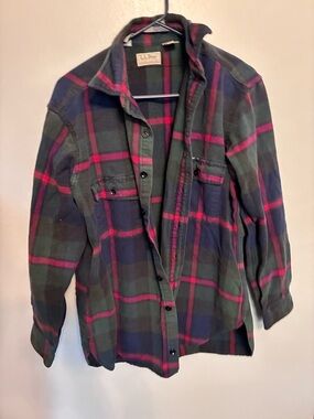 L.L. Bean Dark Green & Navy Plaid Shirt with Red Stripes